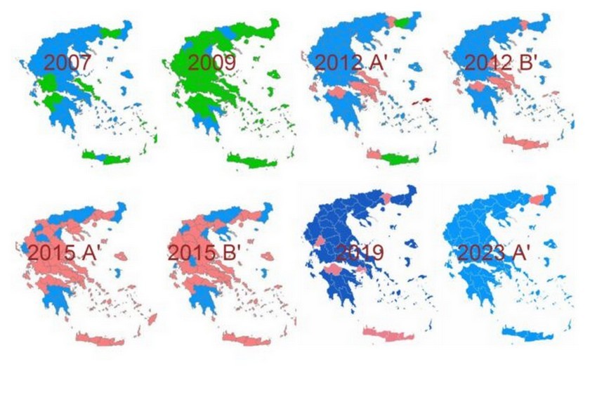 Εννιά χάρτες που δείχνουν πώς ψηφίζουμε οι Έλληνες τα τελευταία χρόνια